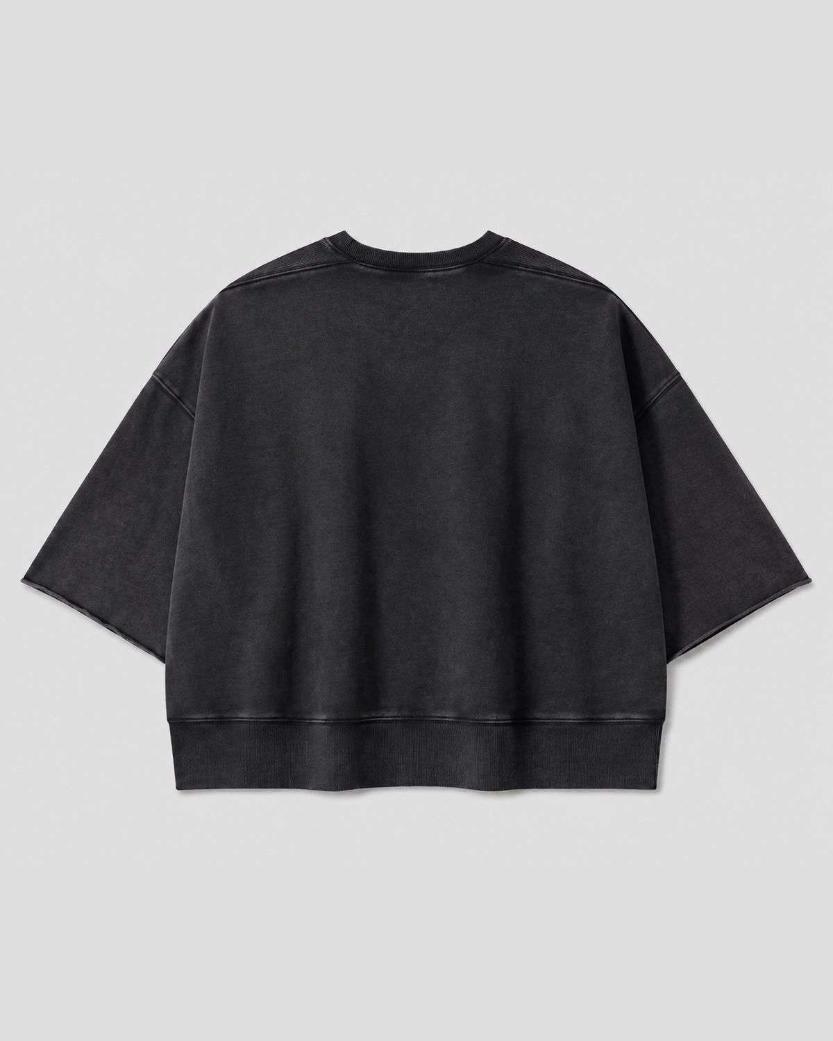 A black washed crewneck sweatshirt with wide, short sleeves and ribbed hem, shown from the back on a light gray background.