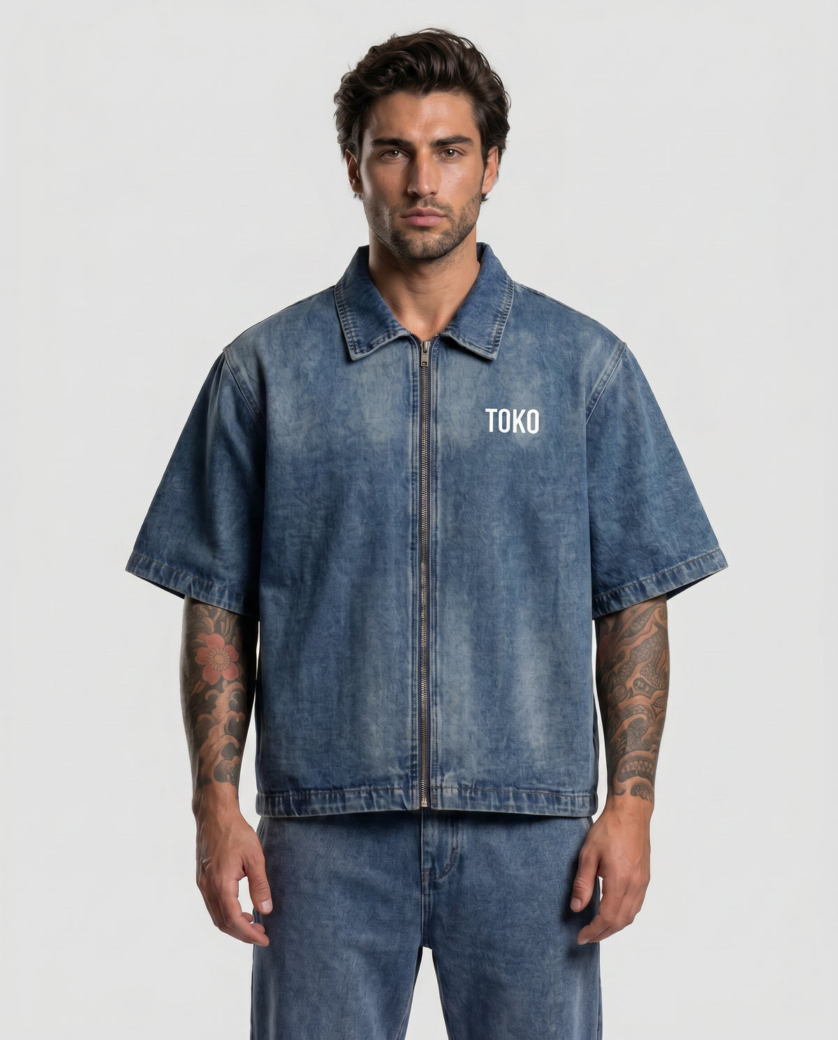 Vintage Washed Full-Zip Denim Shirt